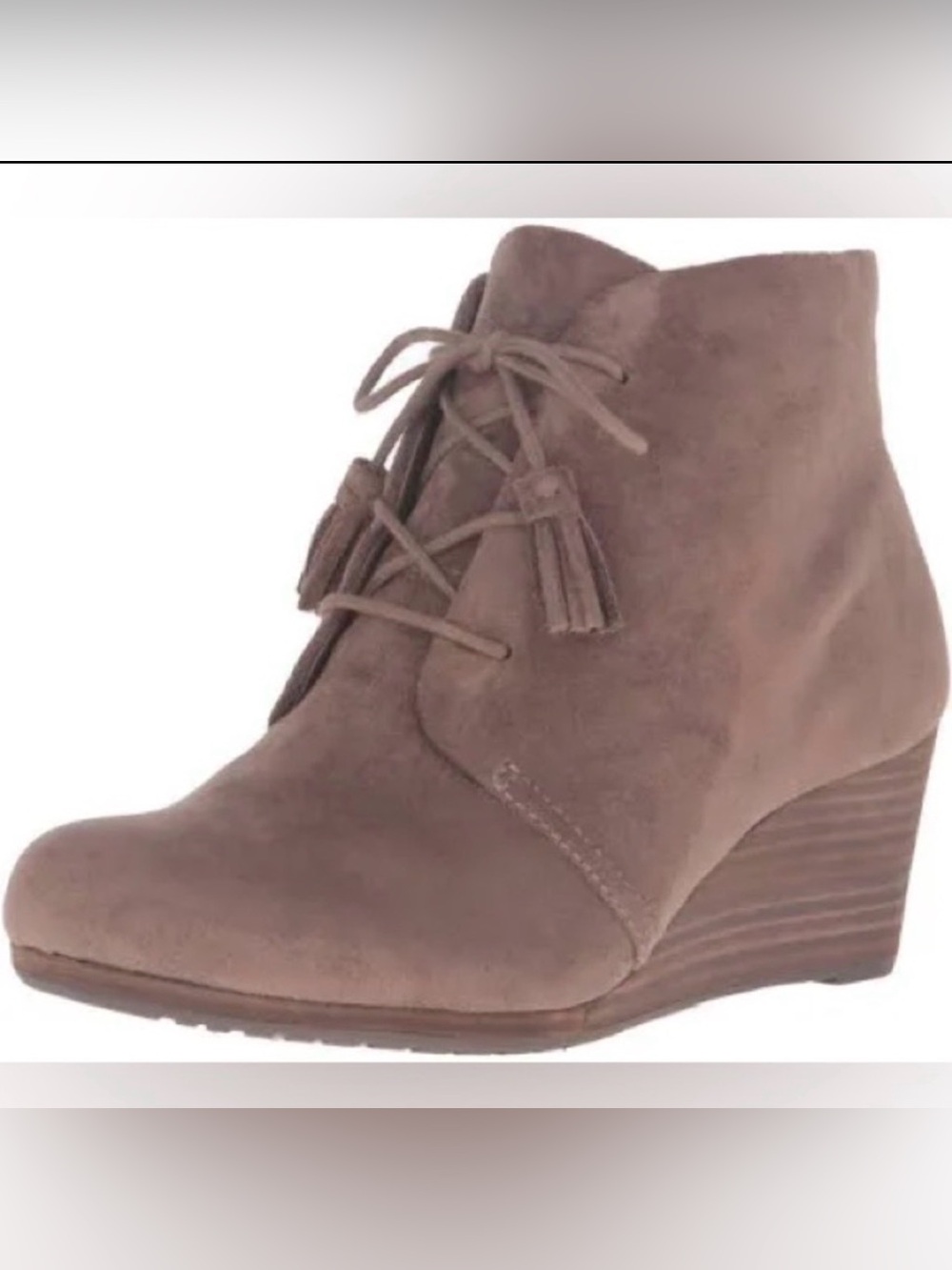 Taupe Suede Wedge Ankle Bootie with Tassel Laces